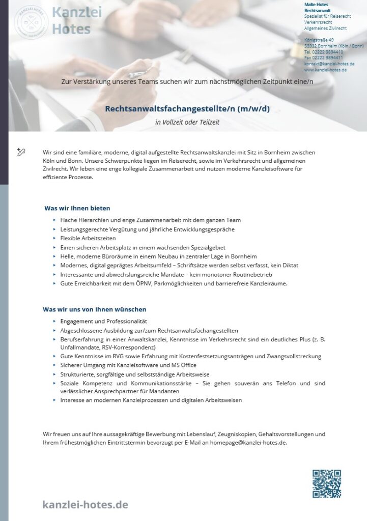 Kanzlei Hotes header with logo and blurred hands signing papers; recruitment text for Rechtsanwaltsfachangestellte/n (m/w/d), Vollzeit oder Teilzeit - Kanzlei Hotes
